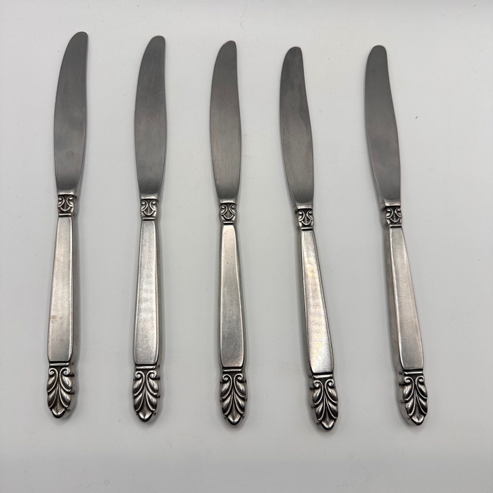 Vintage Nordic Crown Stainless Steel Dinner Knives Set of 5 Scroll Leaf Norse